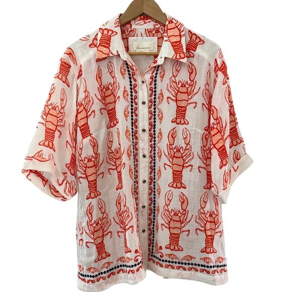 Anthropologie Lobster Print The Essentials Oversized Shirt Orange Size Small - Picture 6 of 11